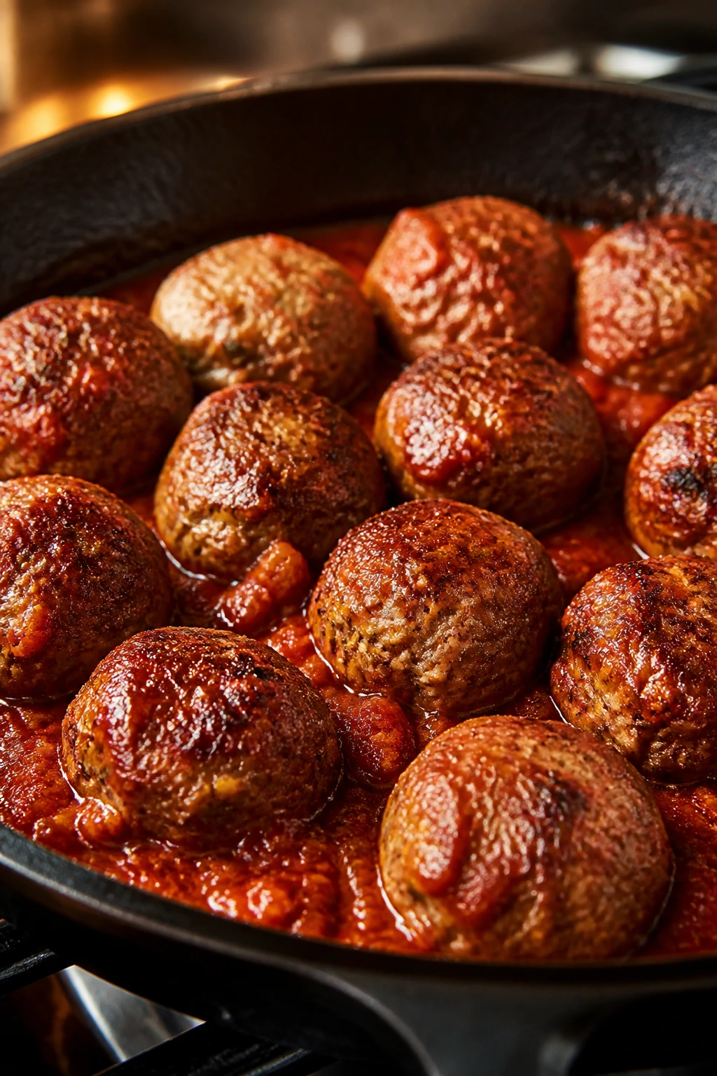 Close-up of pork and Italian sausage meatballs in a cast-iron skillet with red sauce