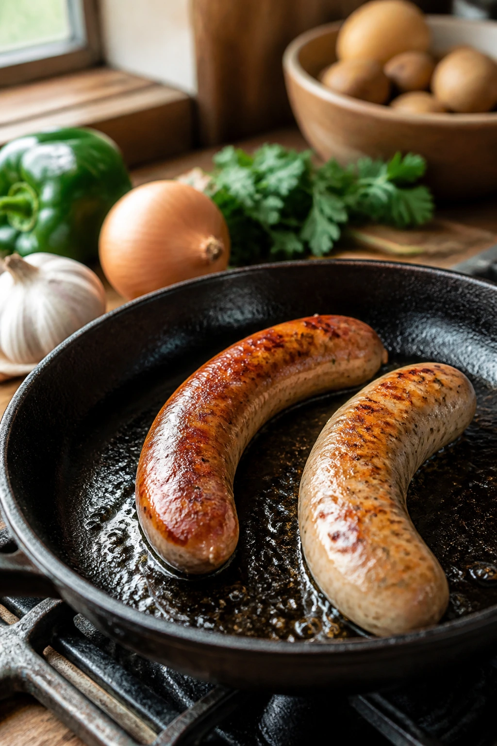 Close-up of pork and poultry sausages browning in a skillet in a real kitchen