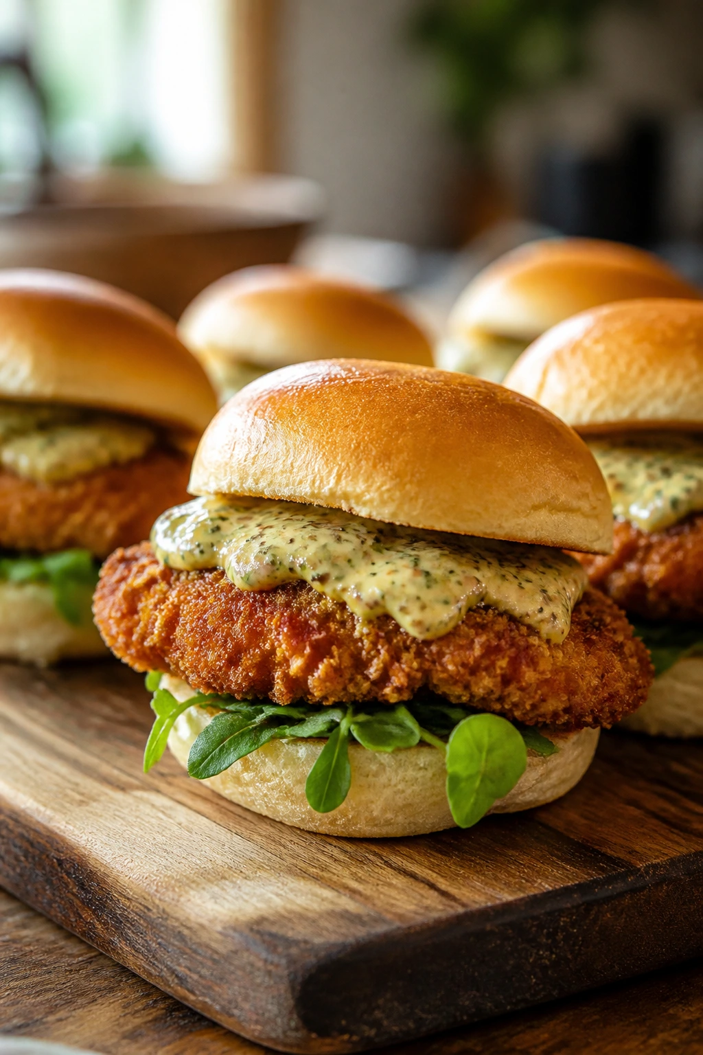 Crispy schnitzel sliders with dill mustard sauce on a wooden board