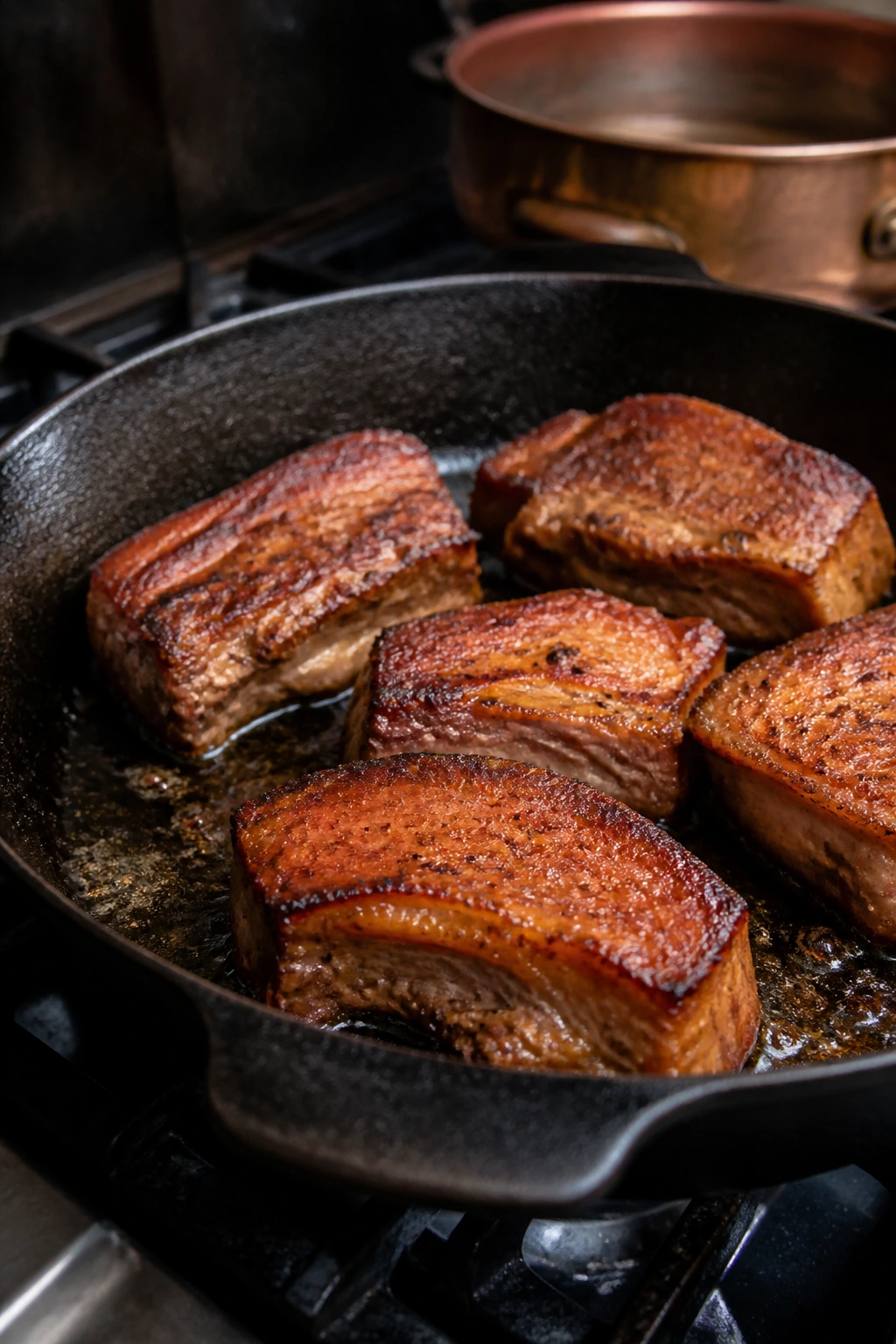 Pork searing in skillet with golden crust
