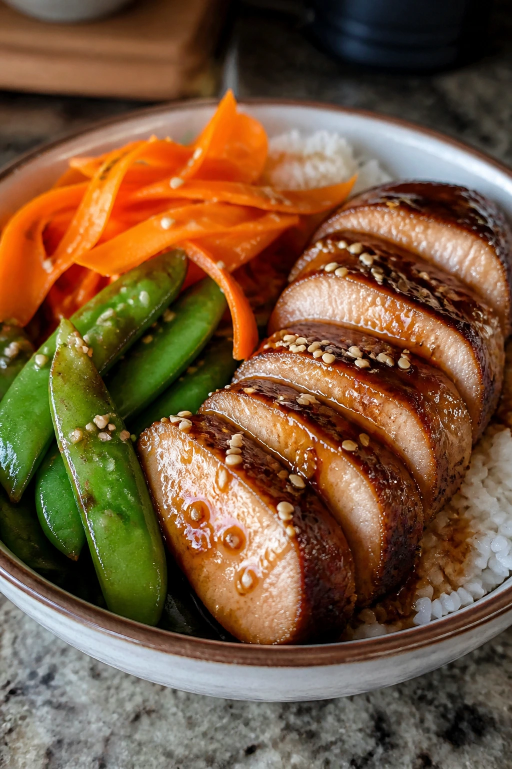 Close-up of Sesame Ginger Pork Bowl with pork, rice and vegetables