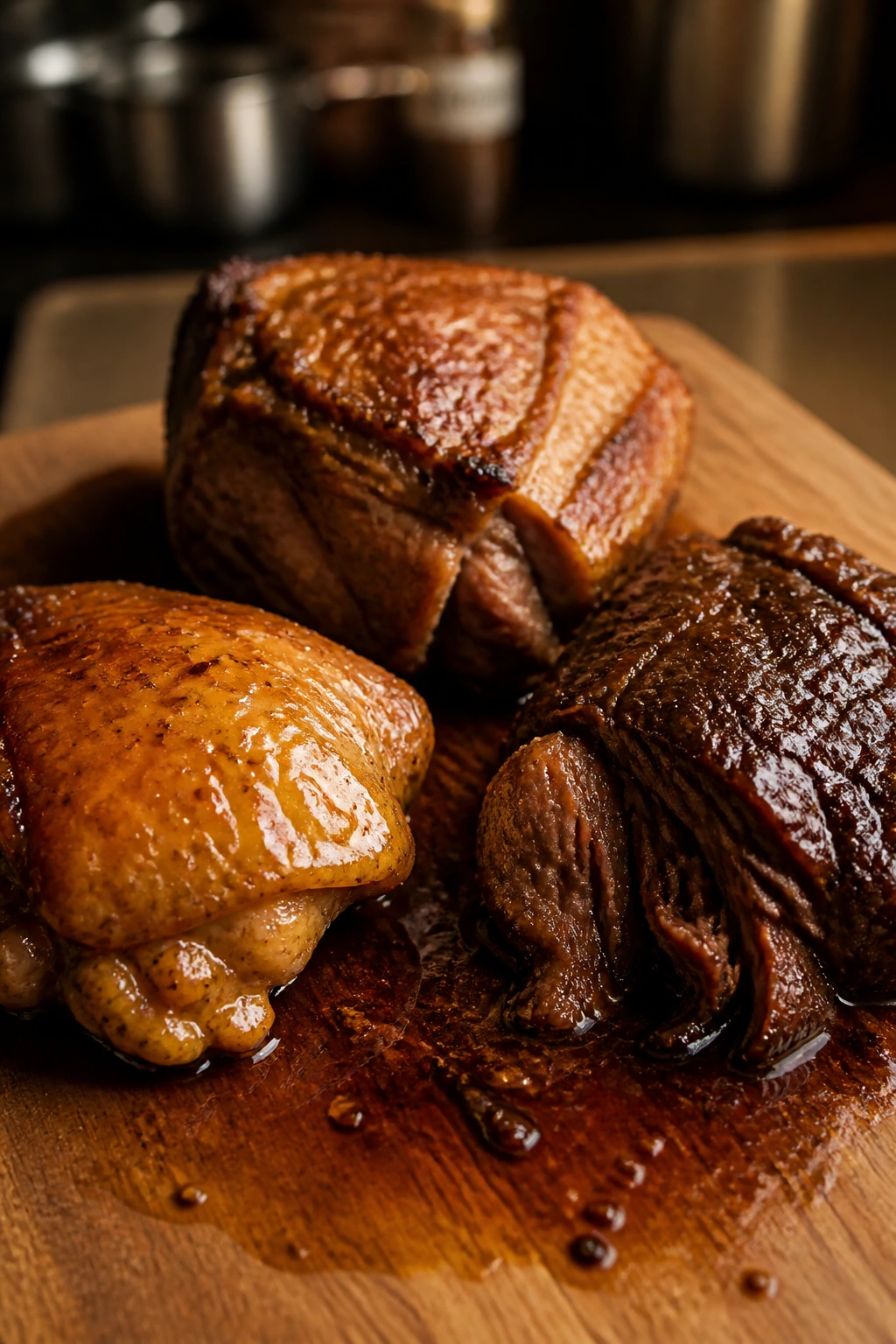 Three meat chunks on a board: chicken thigh, pork shoulder, beef chuck