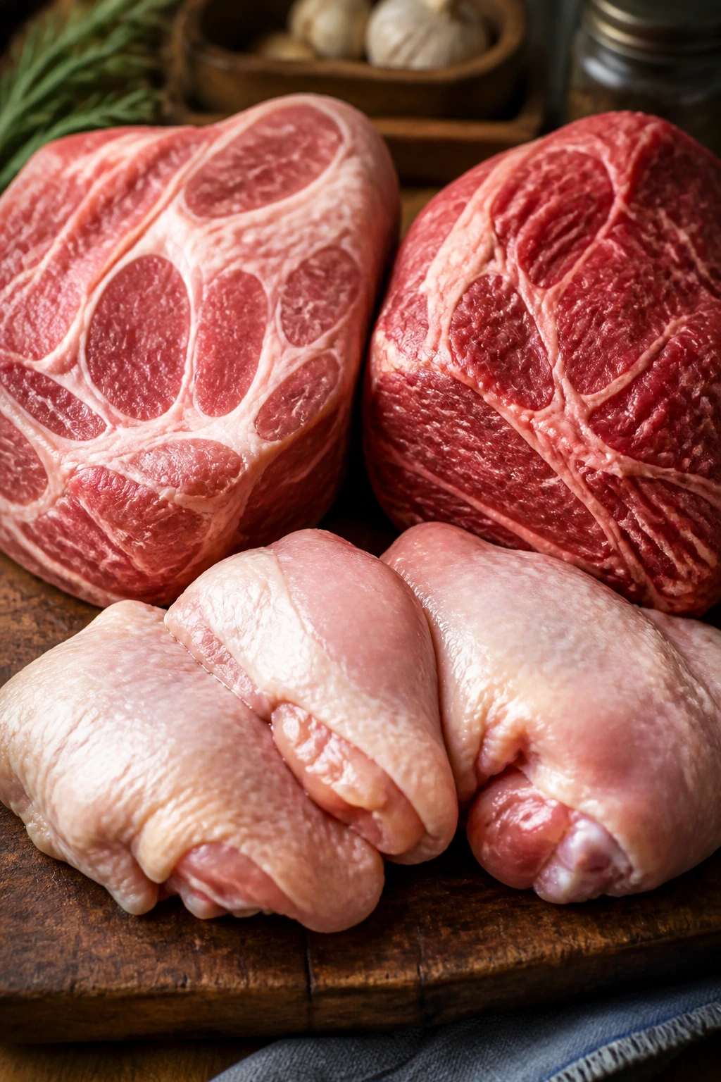 Three cuts of meat (pork shoulder, beef chuck, chicken thighs) on cutting board