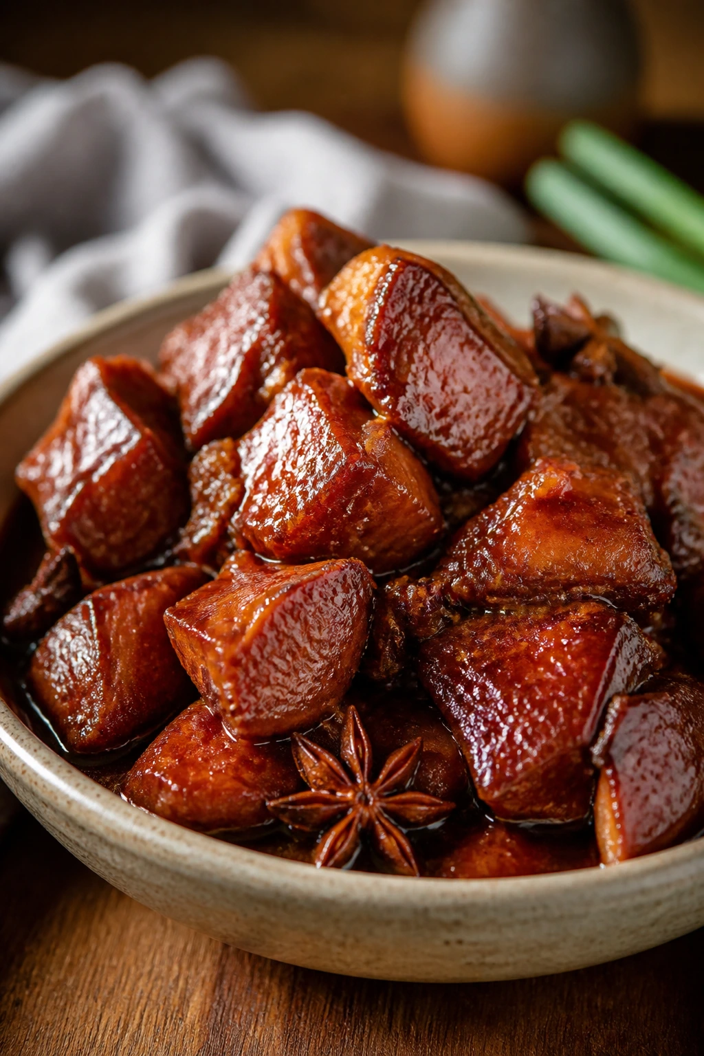 Braised pork shoulder chunks in dark glossy sauce served in a bowl