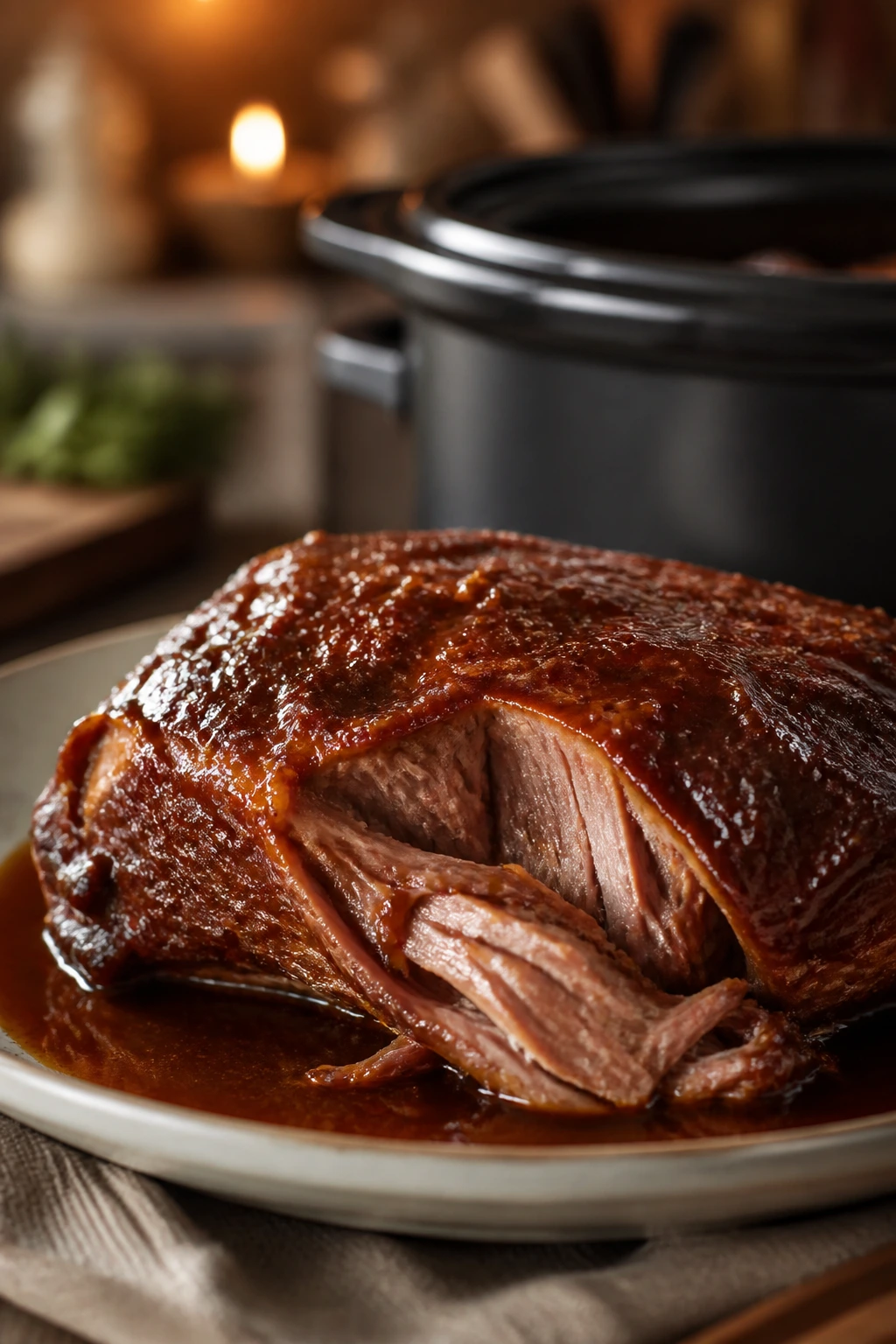 Tender pork shoulder in glossy sauce on a plate