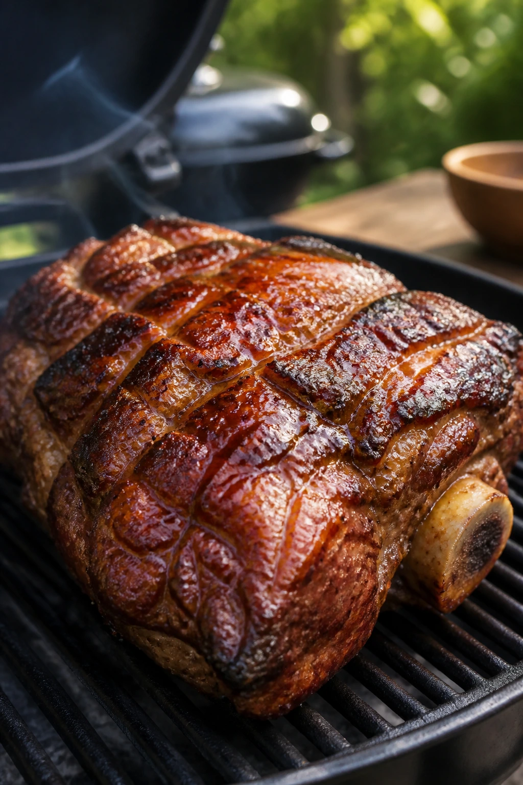 Close-up of a glossy marinated pork picnic shoulder on a backyard grill