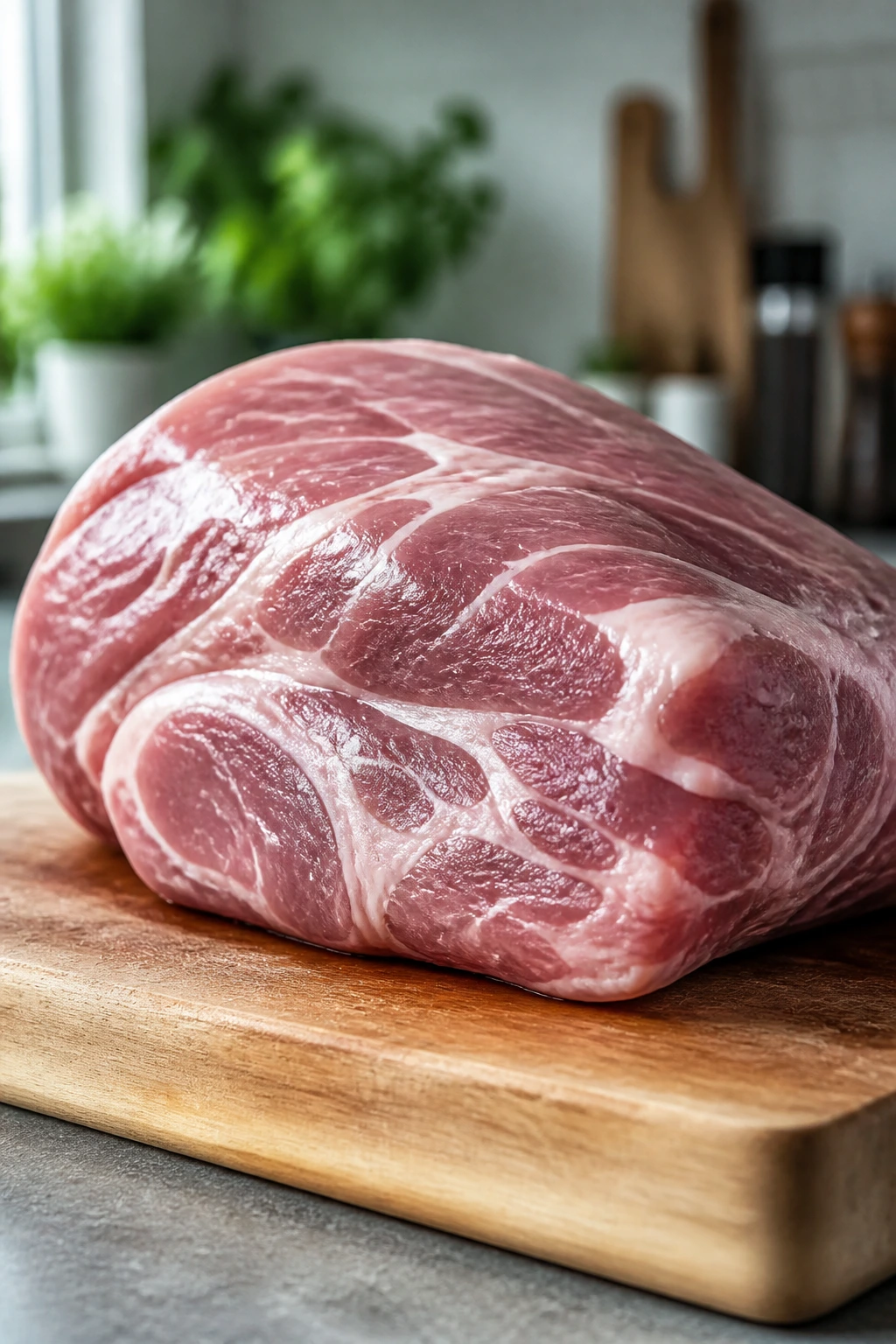 Raw pork shoulder with marbling on cutting board in bright kitchen