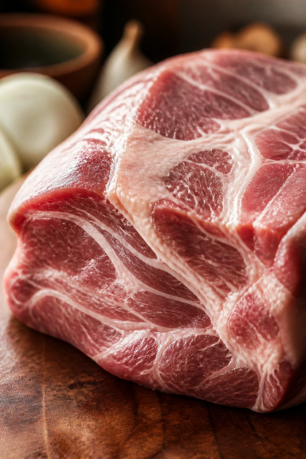 Close-up of marbled pork shoulder highlighting fat for carnitas