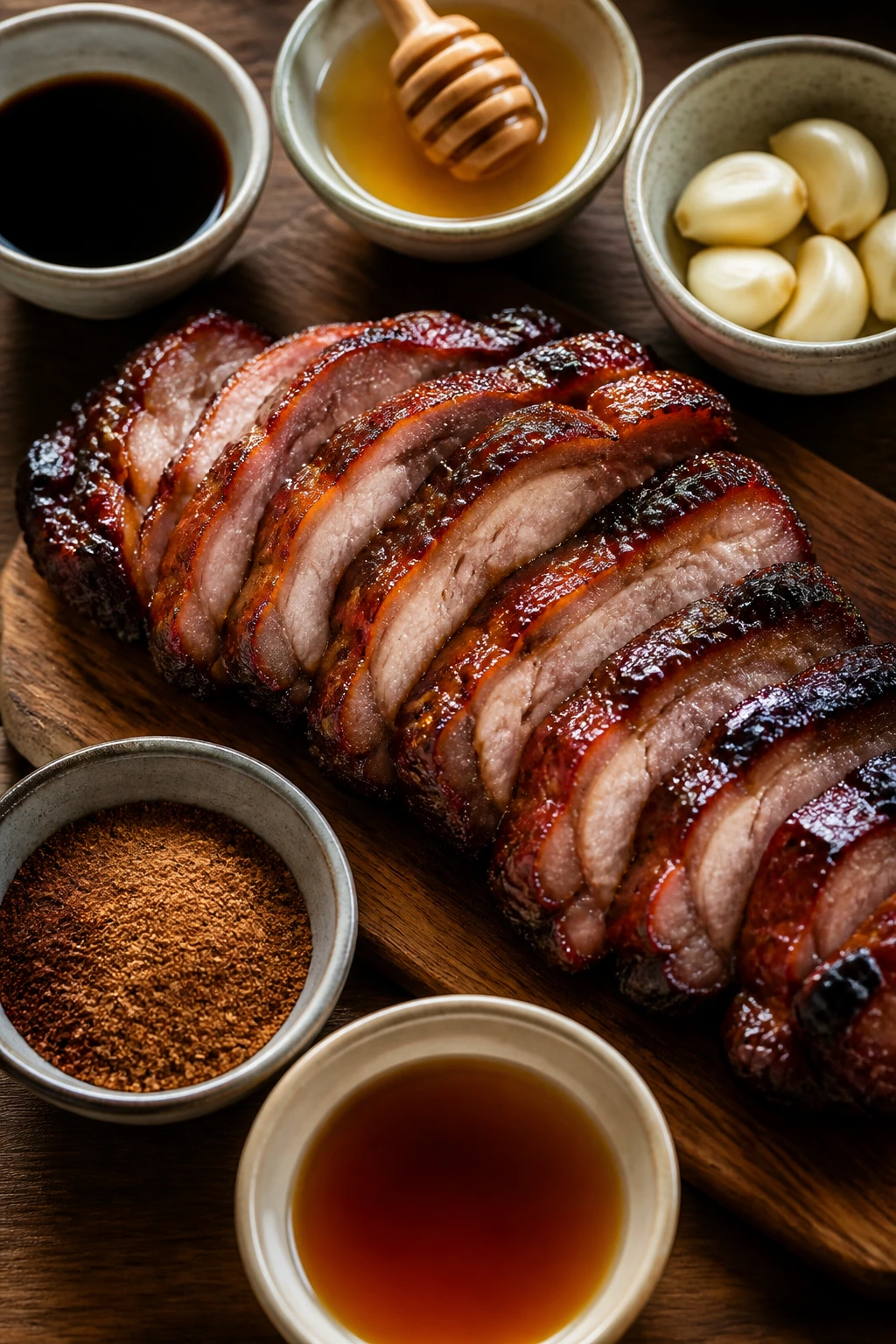 Pork slices with surrounding flavor components arranged around