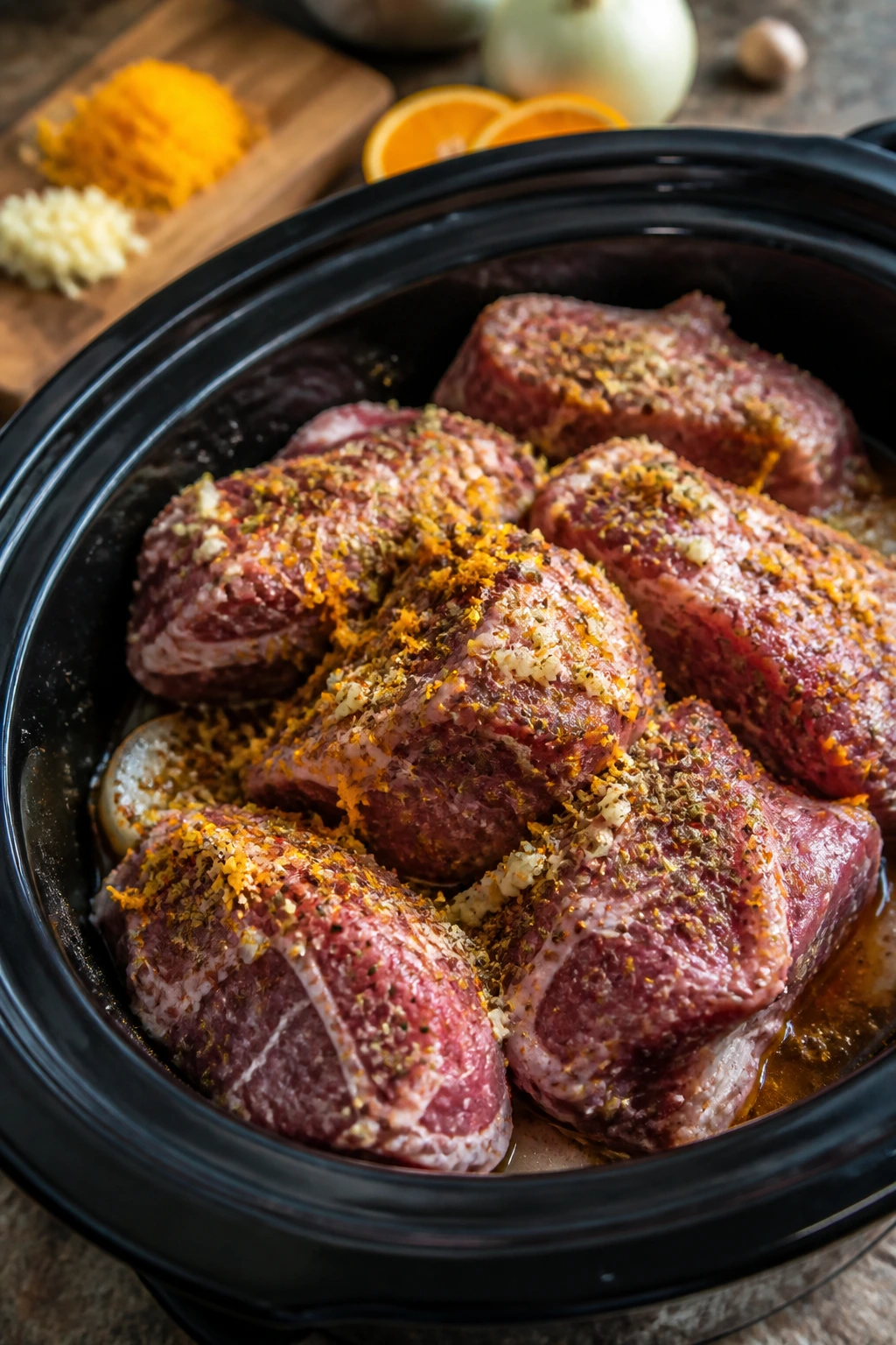 Pork shoulder chunks with orange zest and garlic ready to braise