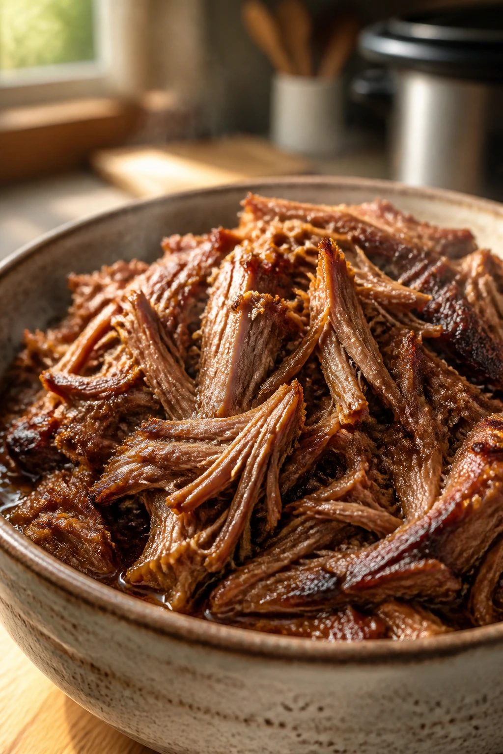 Close-up of glossy pulled pork shoulder in a rustic ceramic bowl with warm kitchen light