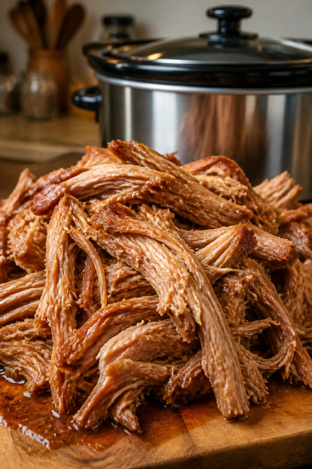 Close-up of pulled pork shoulder on cutting board