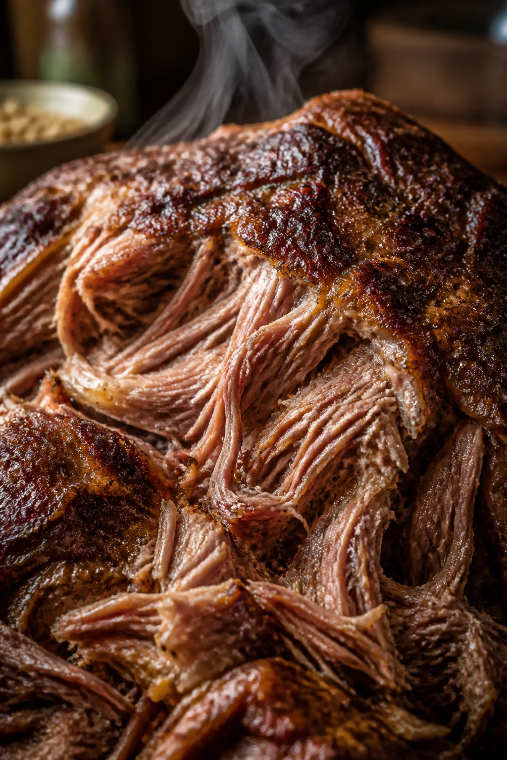 Close-up of a cooked pork shoulder roast ready for shredding