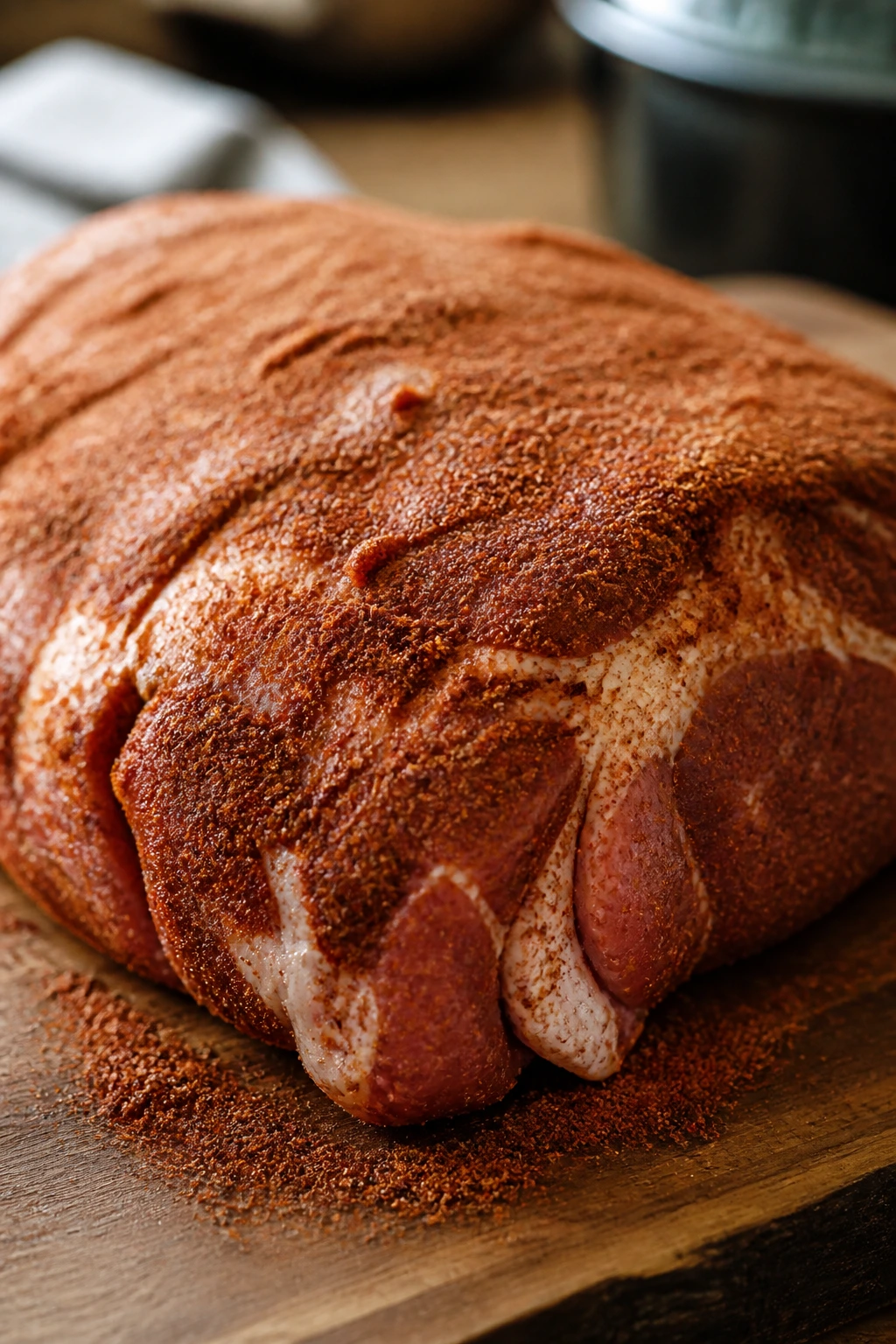 Raw boneless pork shoulder with rub on cutting board