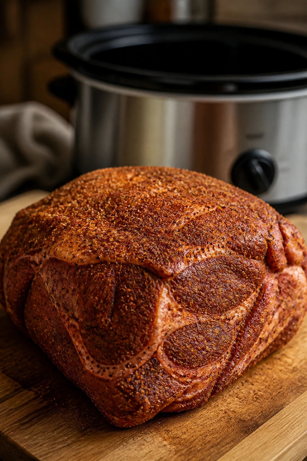 Close-up of a seasoned pork shoulder on a cutting board ready for slow cooking