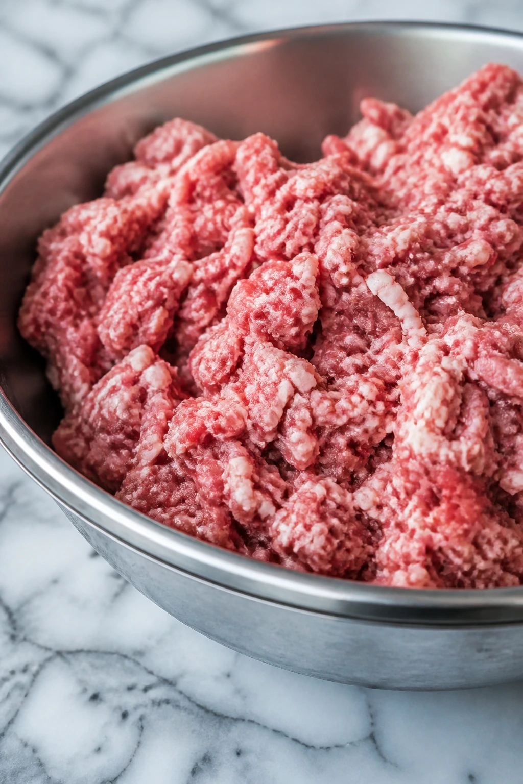 Ground pork shoulder with fat marbling for sausage texture