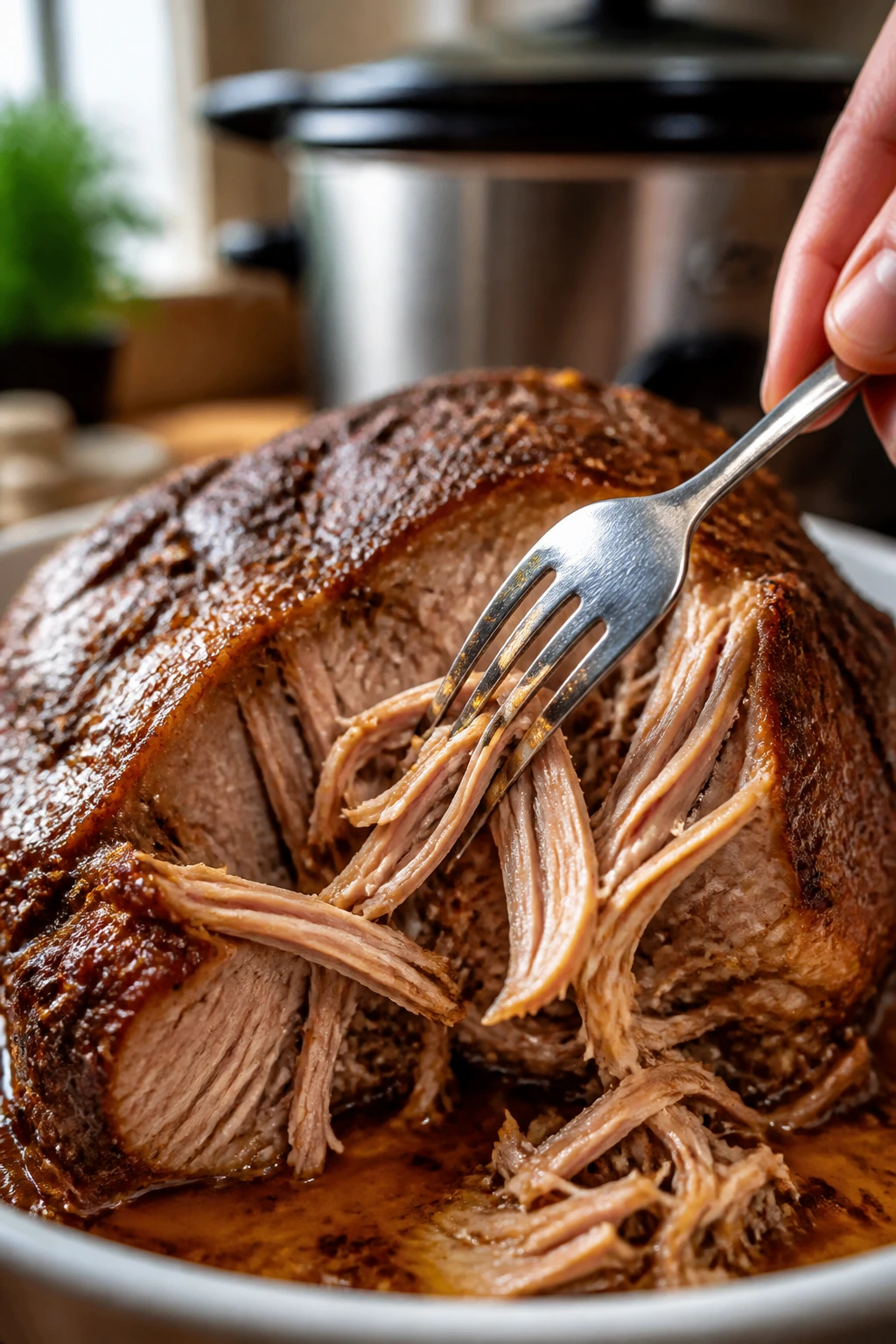 Tender pork shoulder tested with a fork for shredding readiness