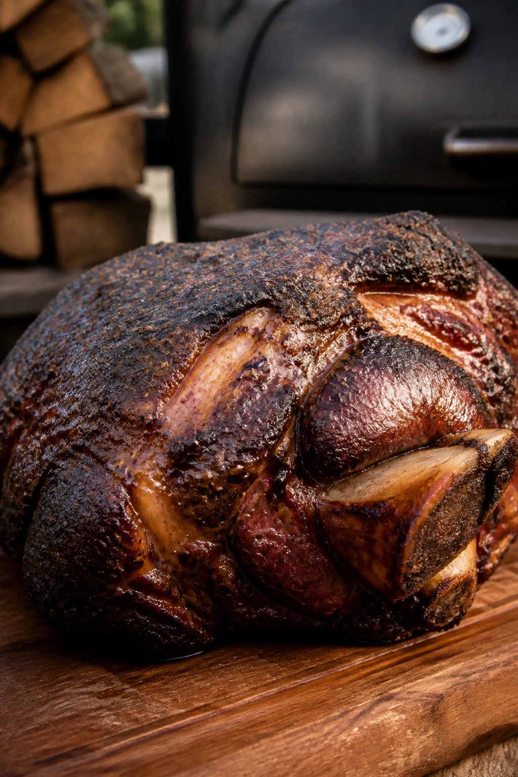 Bone-in pork shoulder with smoky bark ready for pulling
