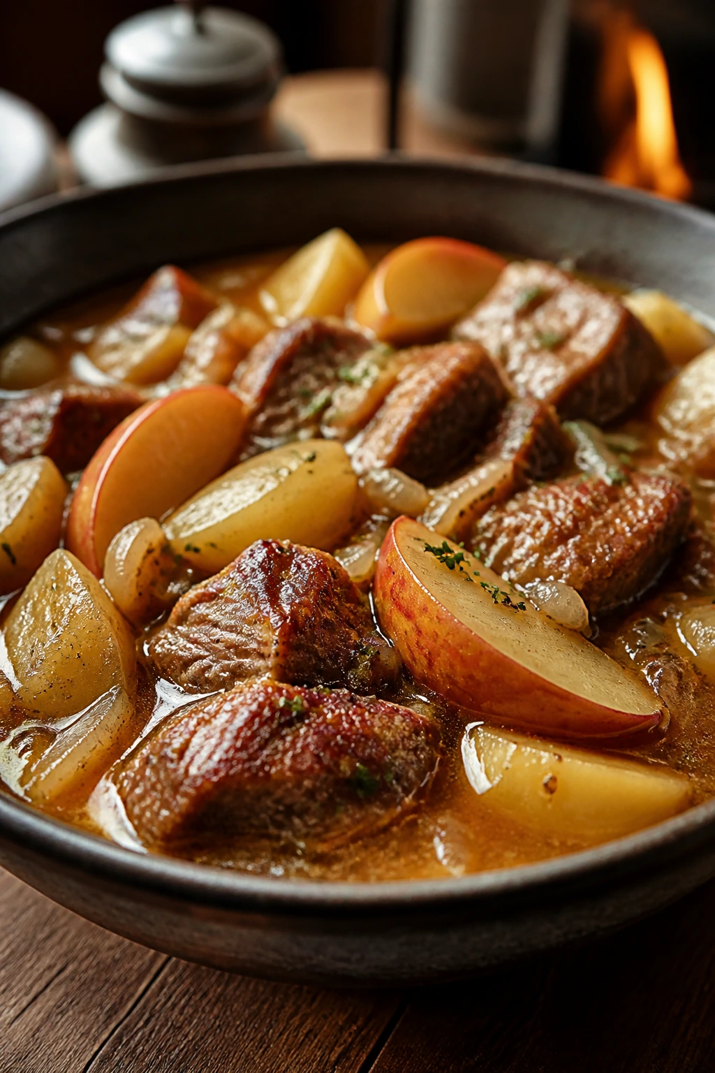 Close-up of pork shoulder and apples in cider stew in a rustic bowl.