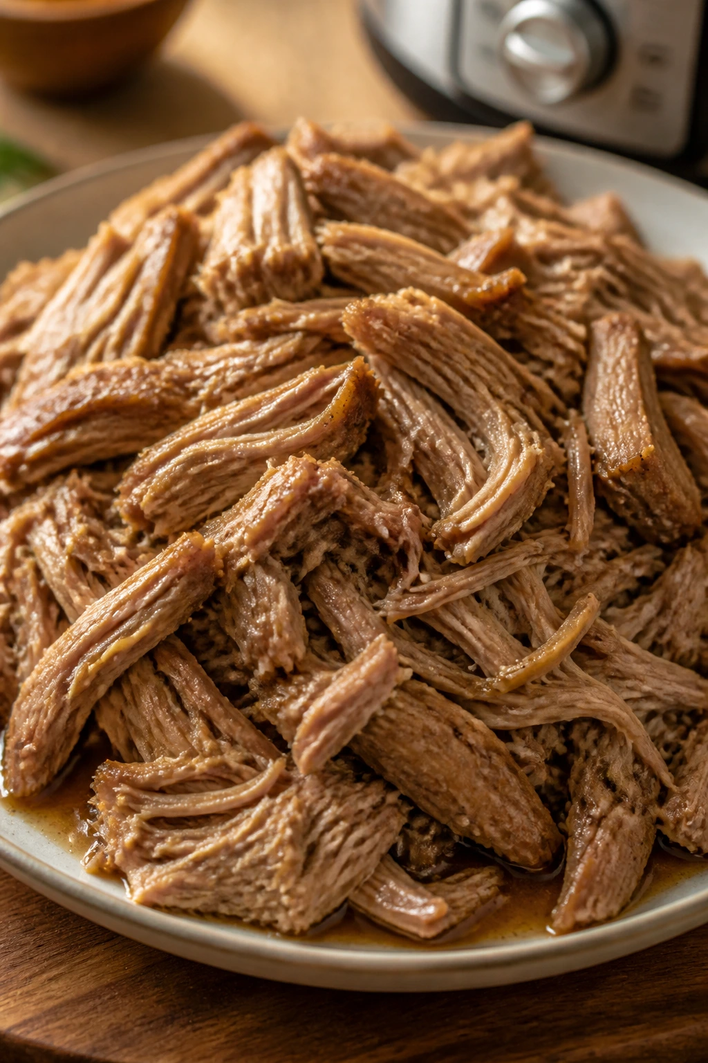 Mound of shredded pork on plate in a warm kitchen