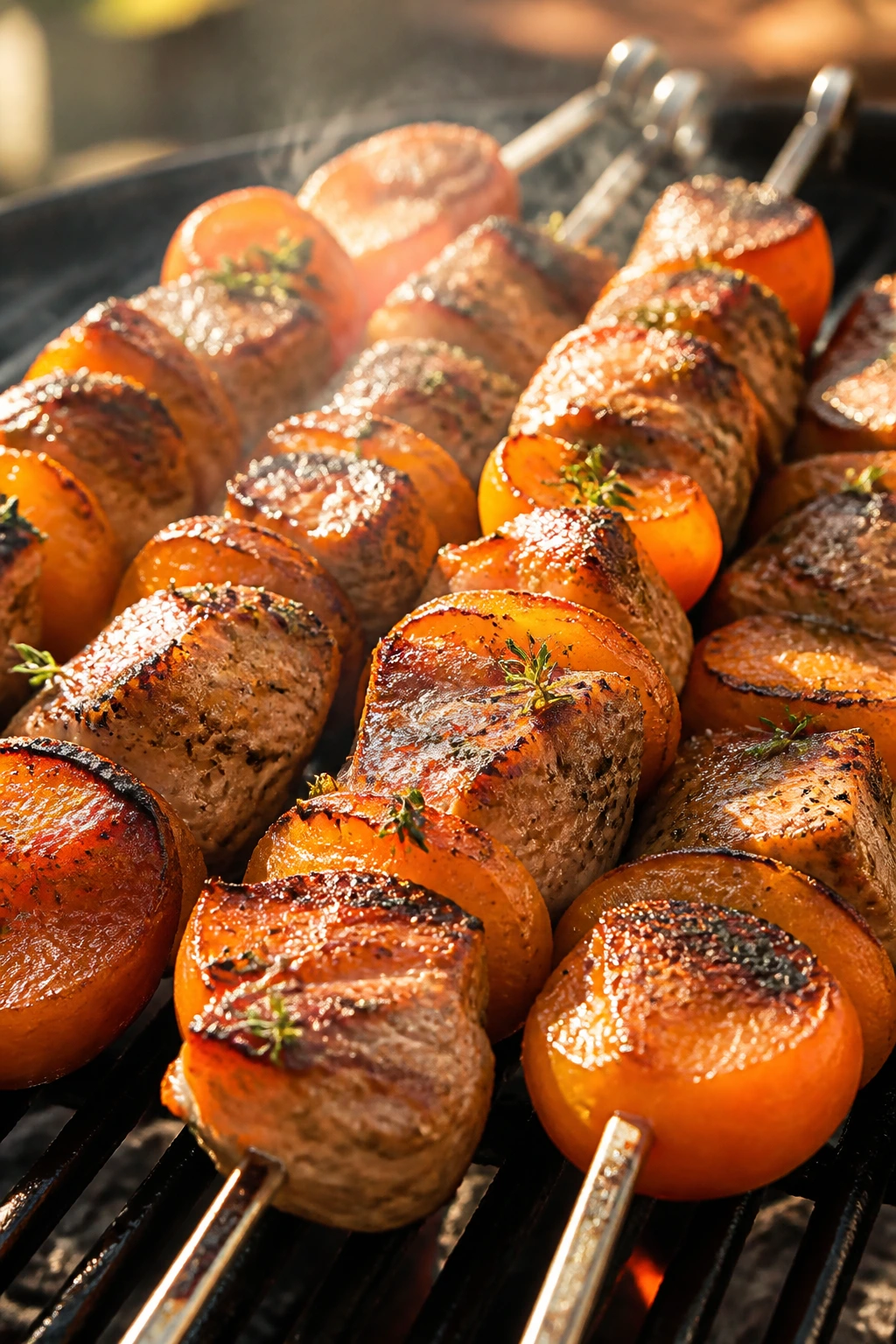 Pork and apricot skewers with thyme on grill