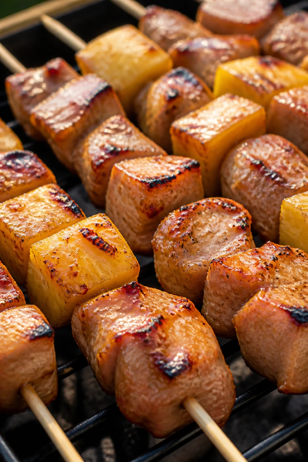 Pork and pineapple skewers with chili-lime glaze cooking on a grill