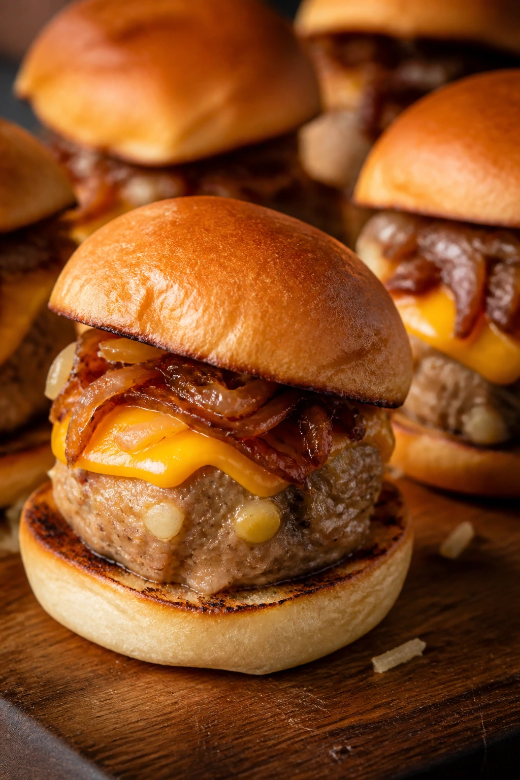 Close-up of pork and apple sliders with cheddar on toasted buns