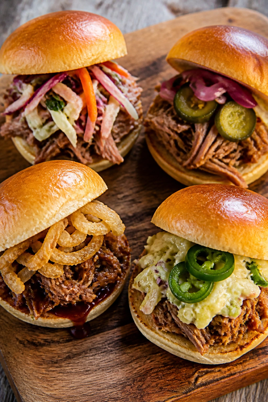 Platter of four pork sliders with different toppings in a bright kitchen