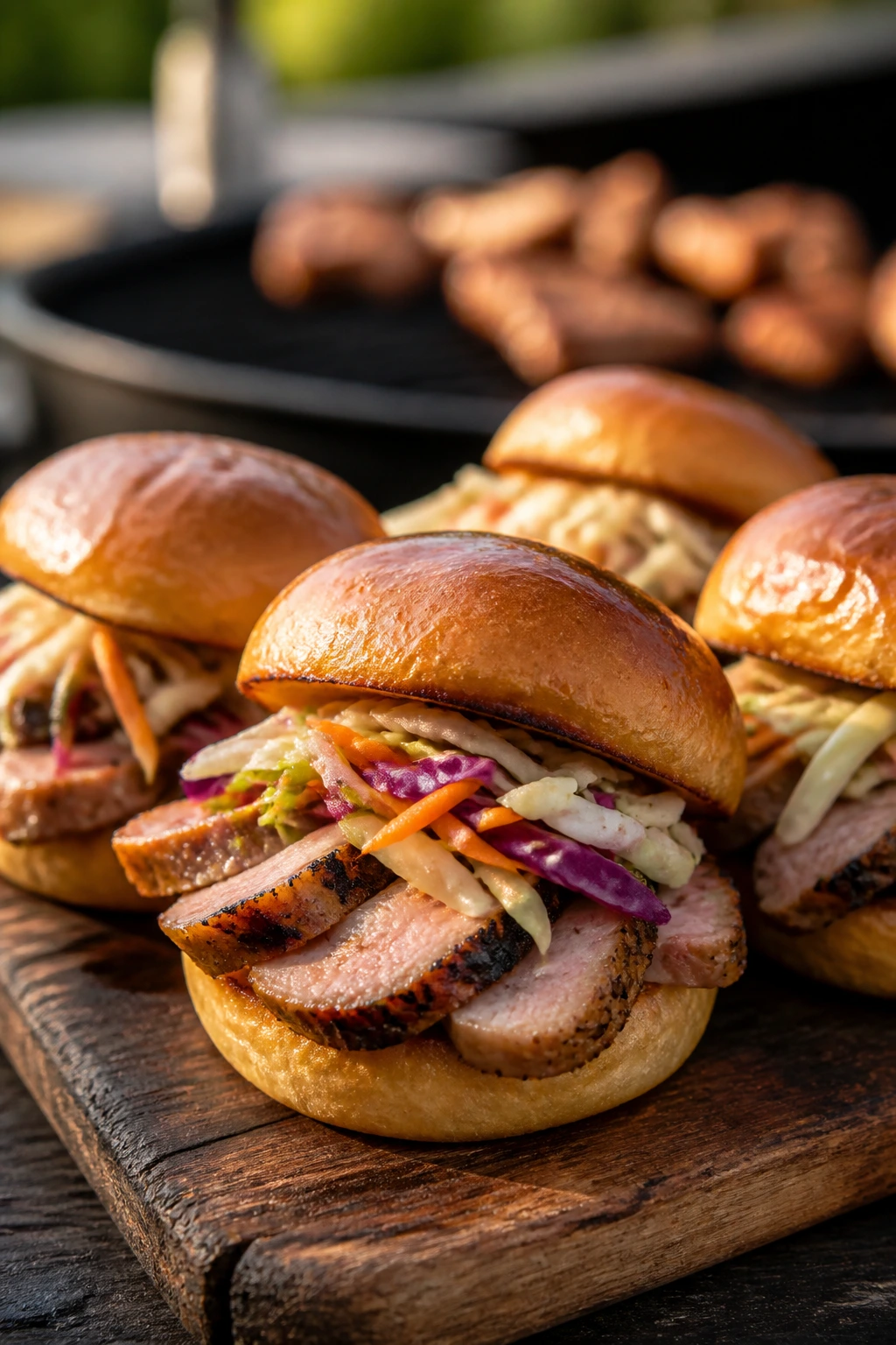 Close-up of grilled pork tenderloin sliders with slaw on a wooden board outdoors