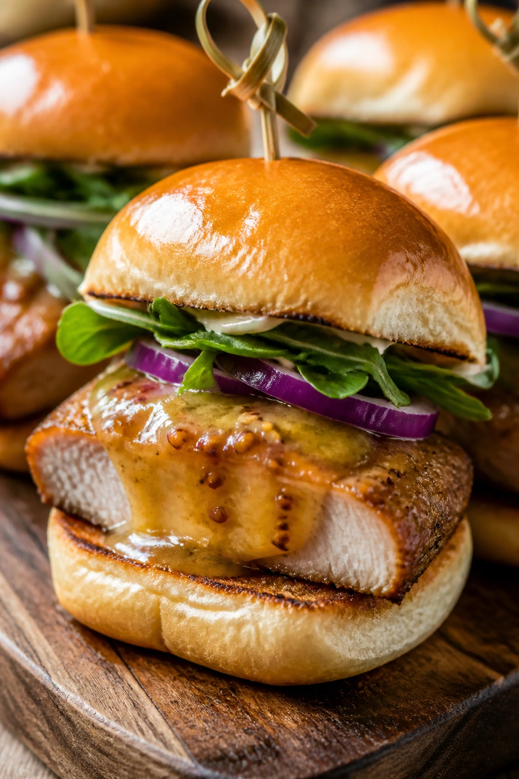 Close-up of honey mustard pork tenderloin sliders on toasted buns with arugula
