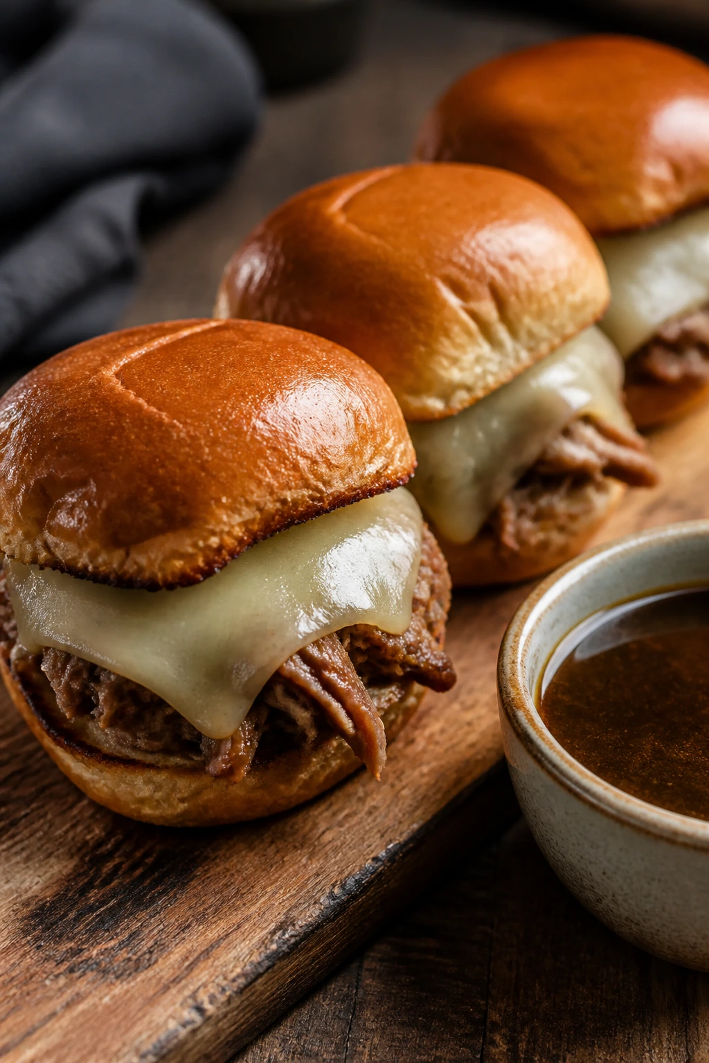 Close-up of French Dip Pork Sliders with jus on a wooden board, cheese and pork visible