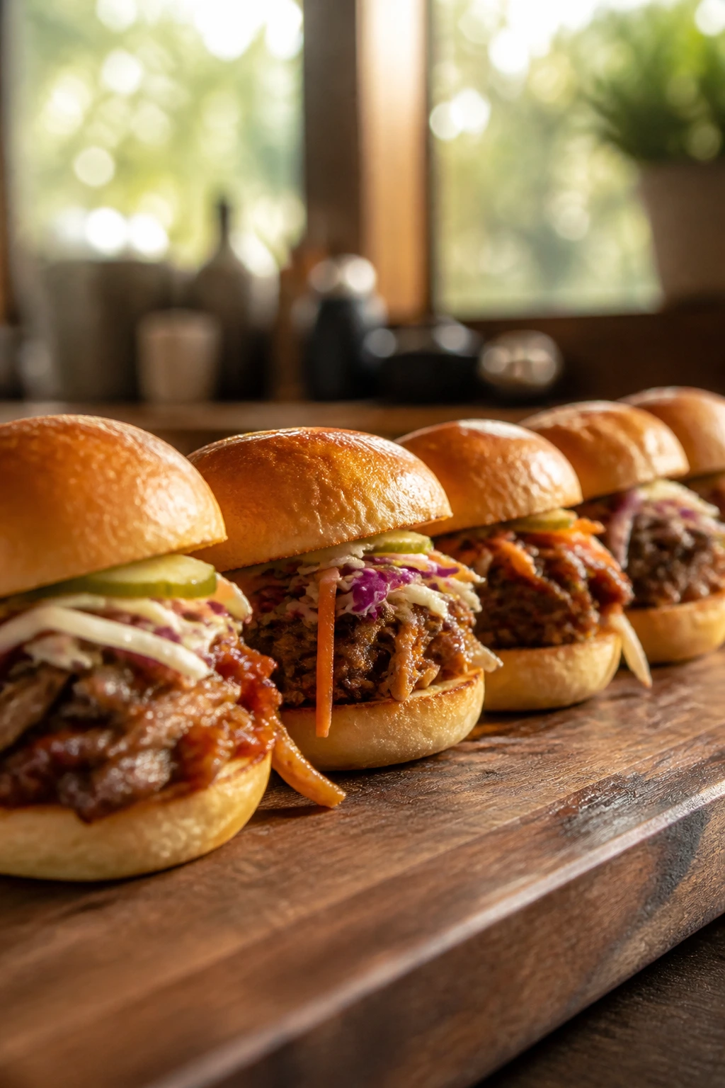 Row of juicy pork sliders on wooden board with toasted buns