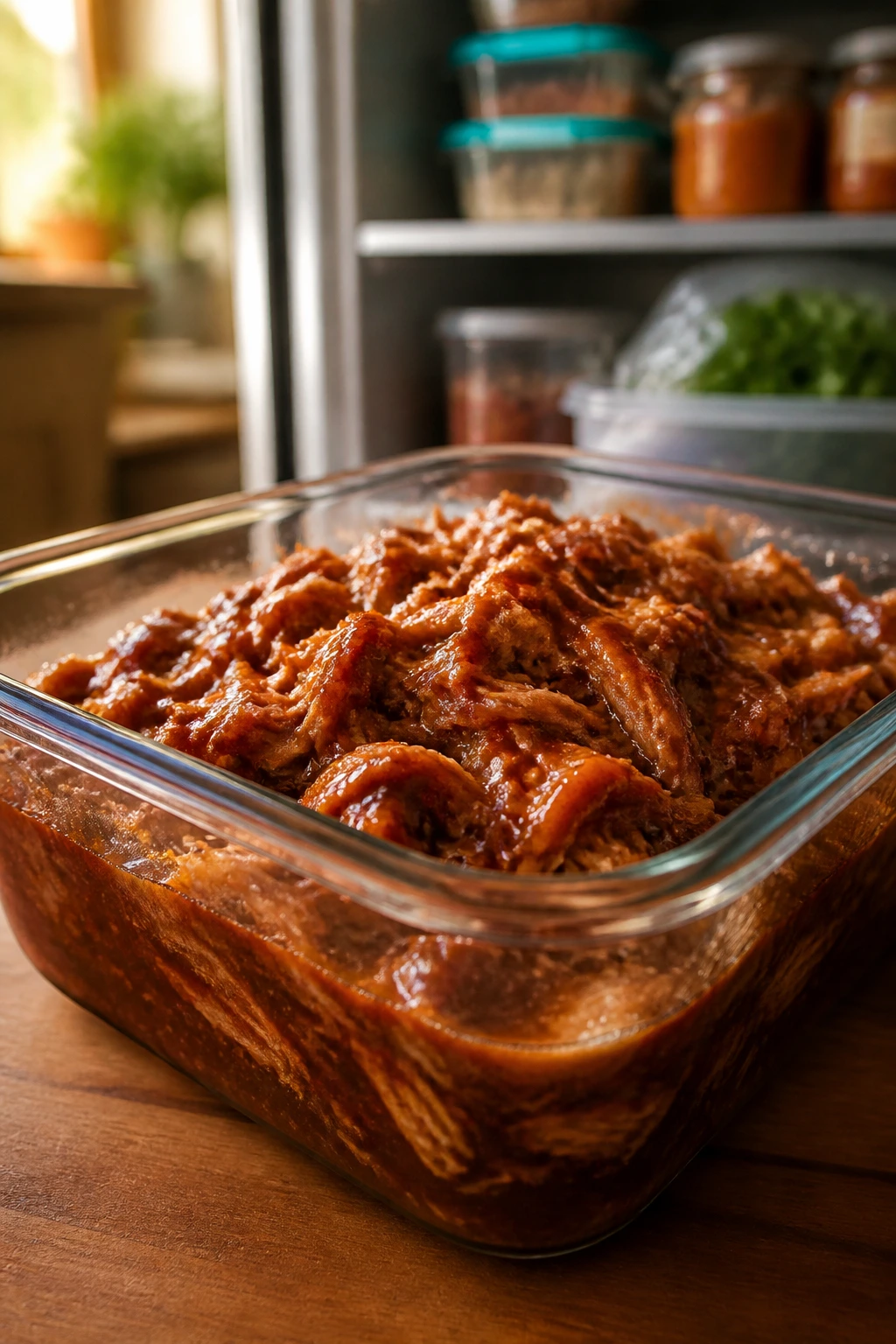 Close-up of glass meal-prep container with saucy pulled pork on kitchen counter