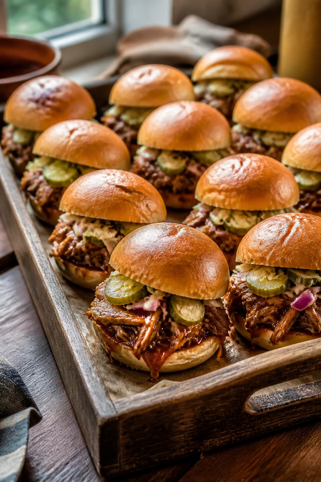 Tray of pork sliders filling the frame on a wooden serving board