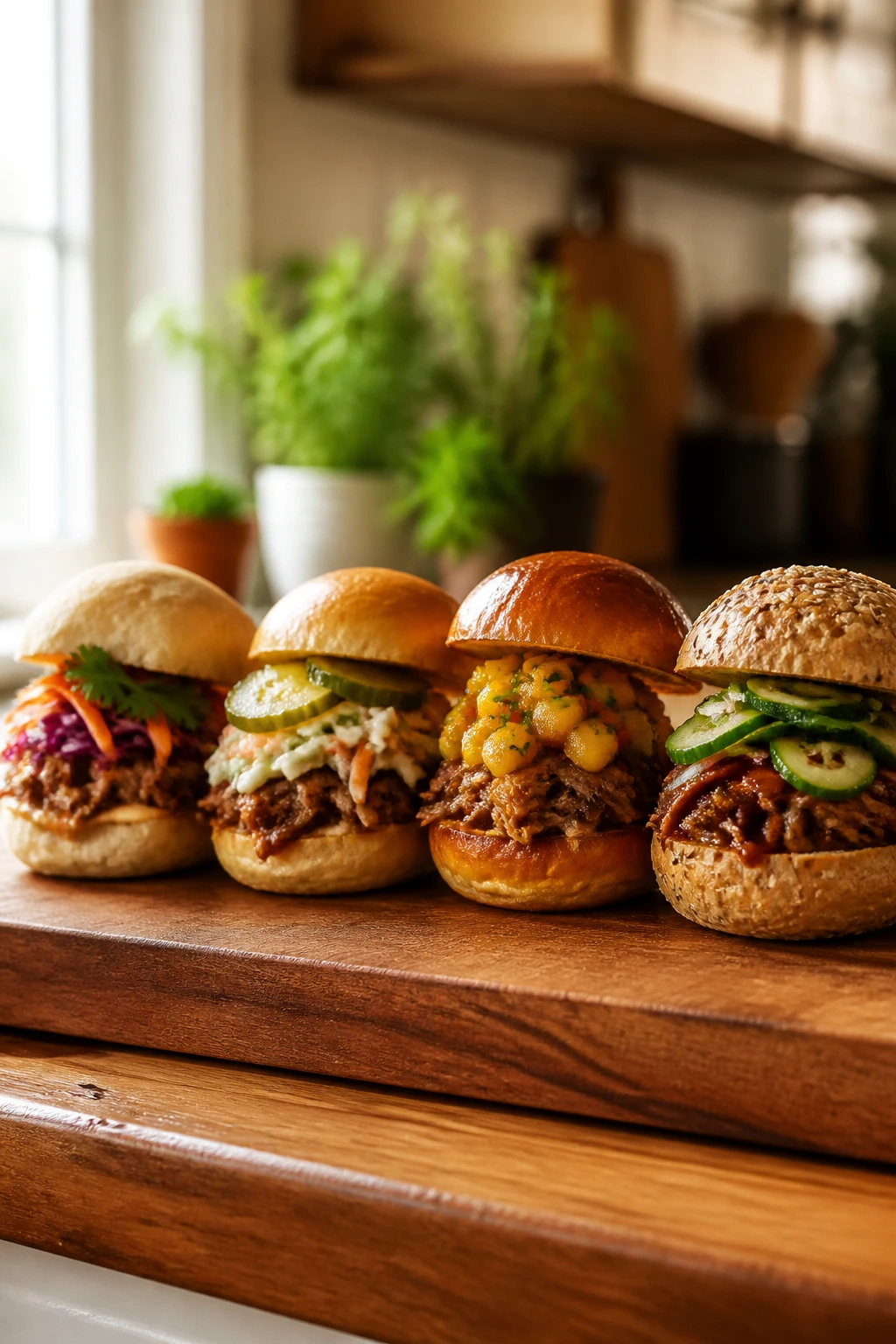 Platter of four pork sliders with different toppings on a wooden board