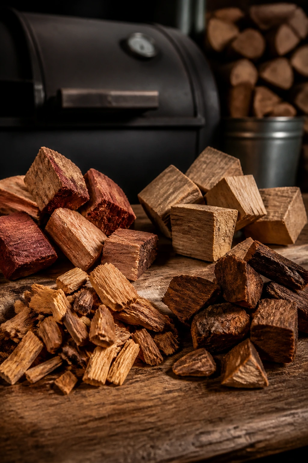Assorted pork-smoking wood chunks and chips on wood surface