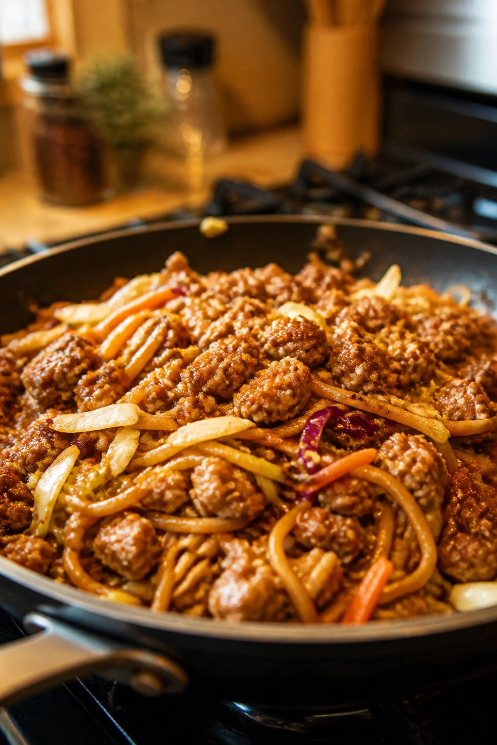 Close-up of pork stir-fry noodles with ground pork and vegetables in a skillet