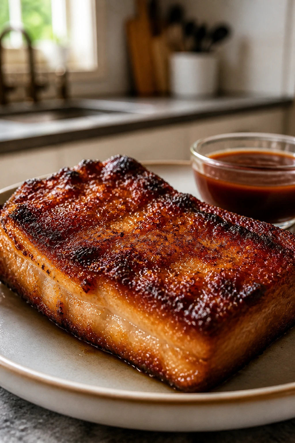 Crispy pork on plate with glaze and storage container nearby