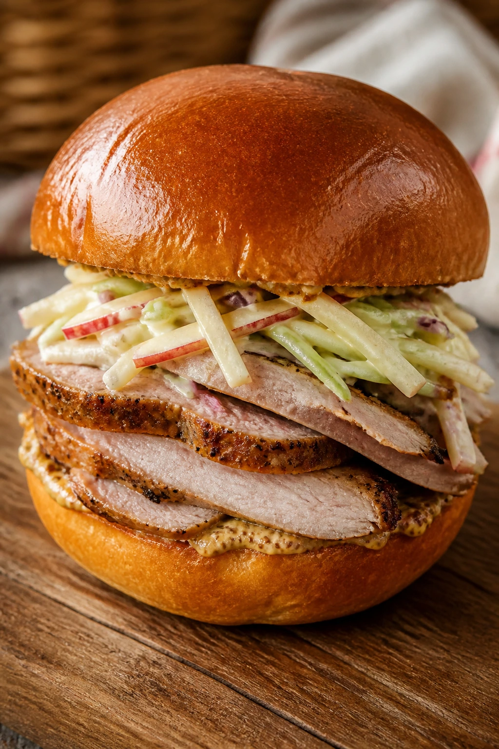 Close-up of Pork Tenderloin and Apple Slaw Sandwich on brioche bun