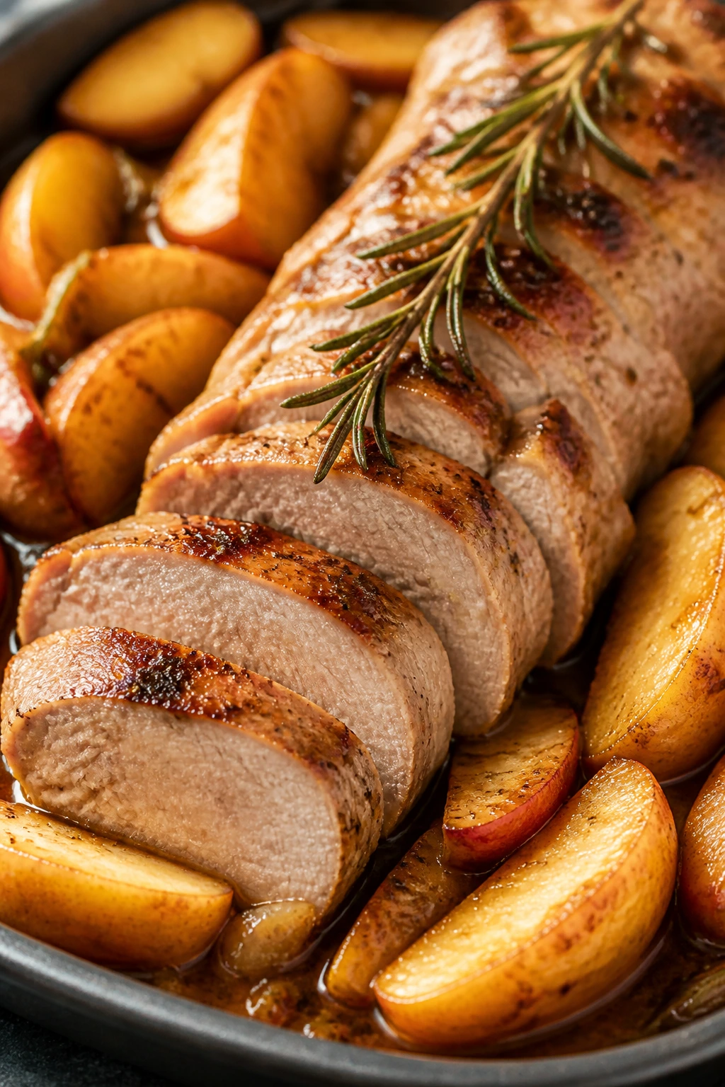 Sliced pork tenderloin with roasted apples and rosemary