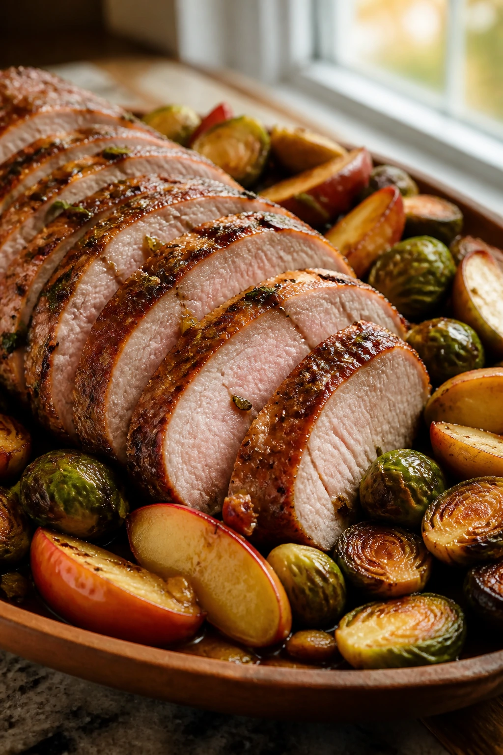 Roasted pork tenderloin with apples and Brussels sprouts