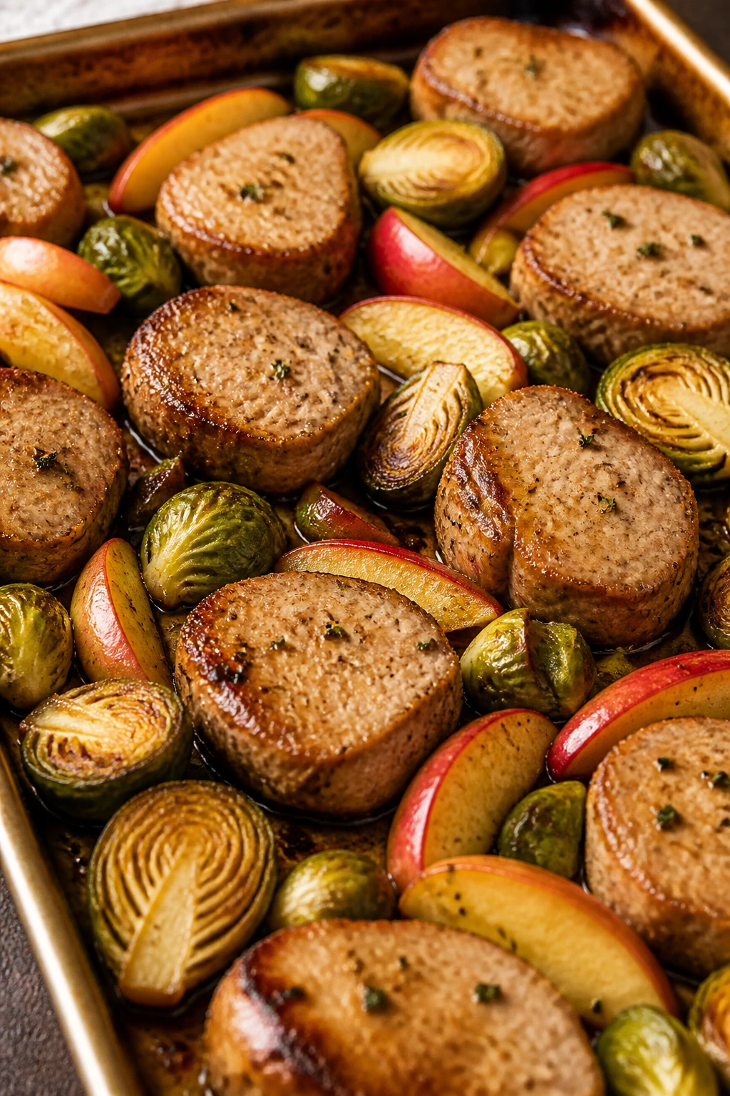 Pork tenderloin medallions with apples and Brussels sprouts on a baking sheet