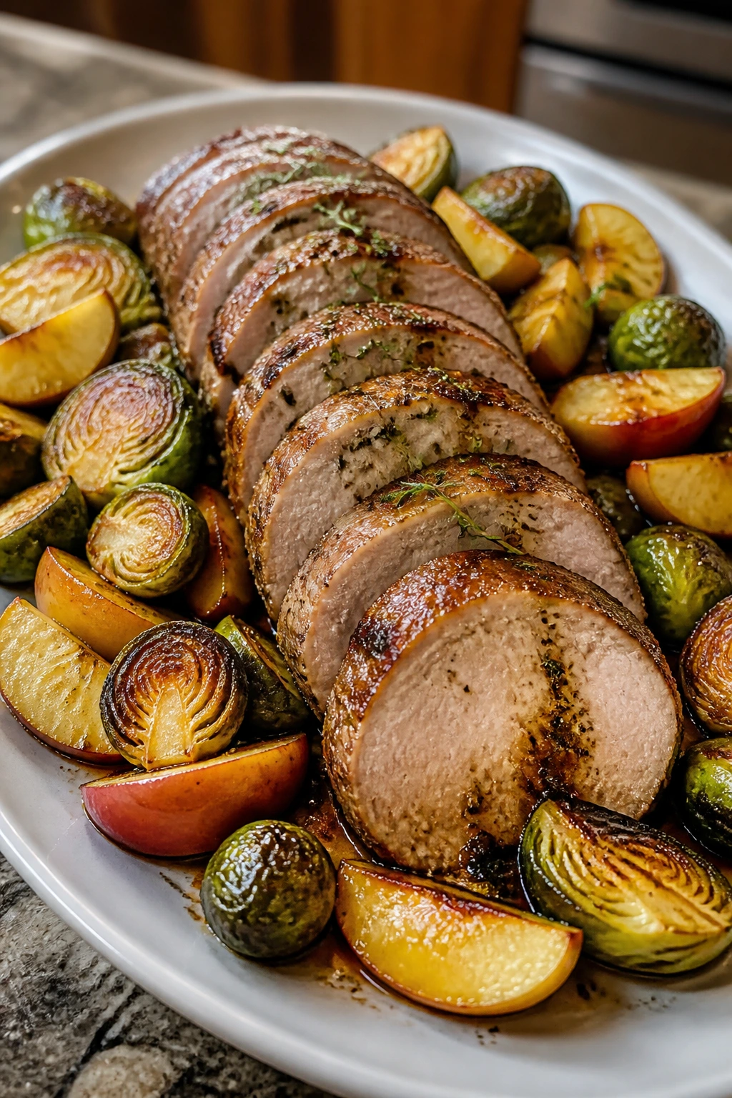 Roasted pork tenderloin with apples and Brussels sprouts on a plate