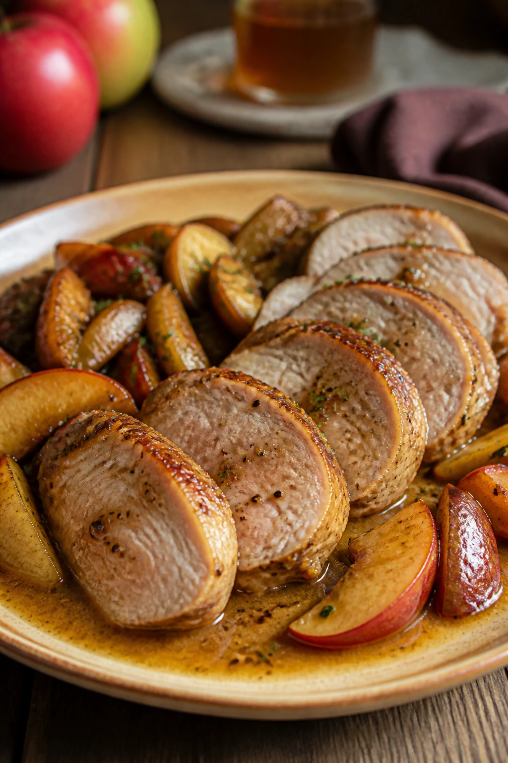 Close-up of pork tenderloin with apples and Dijon pan sauce on a plate