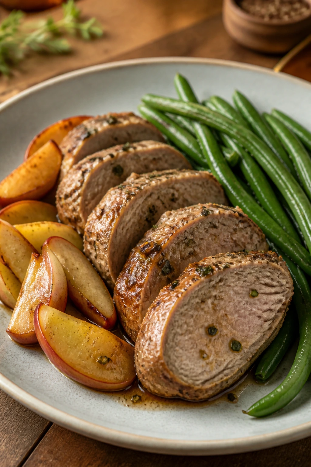 Pork tenderloin with apples and green beans on plate