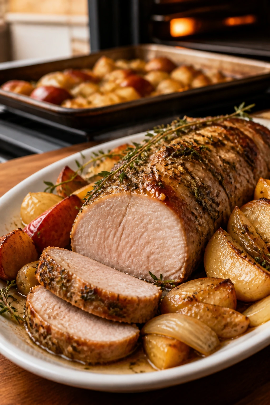 Juicy pork tenderloin with apples and onions on a platter