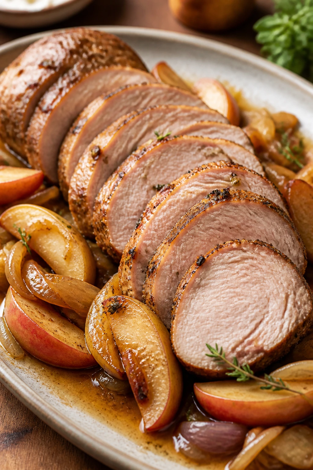 Sliced pork tenderloin with apples and onions on plate