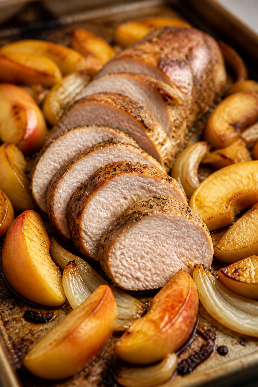 Roasted pork tenderloin with apples and onions on a baking sheet
