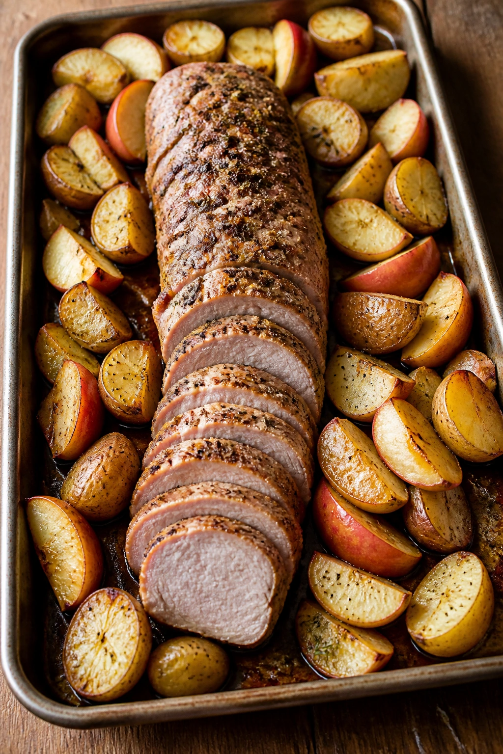 Sheet-pan pork tenderloin with apples and potatoes in a home kitchen
