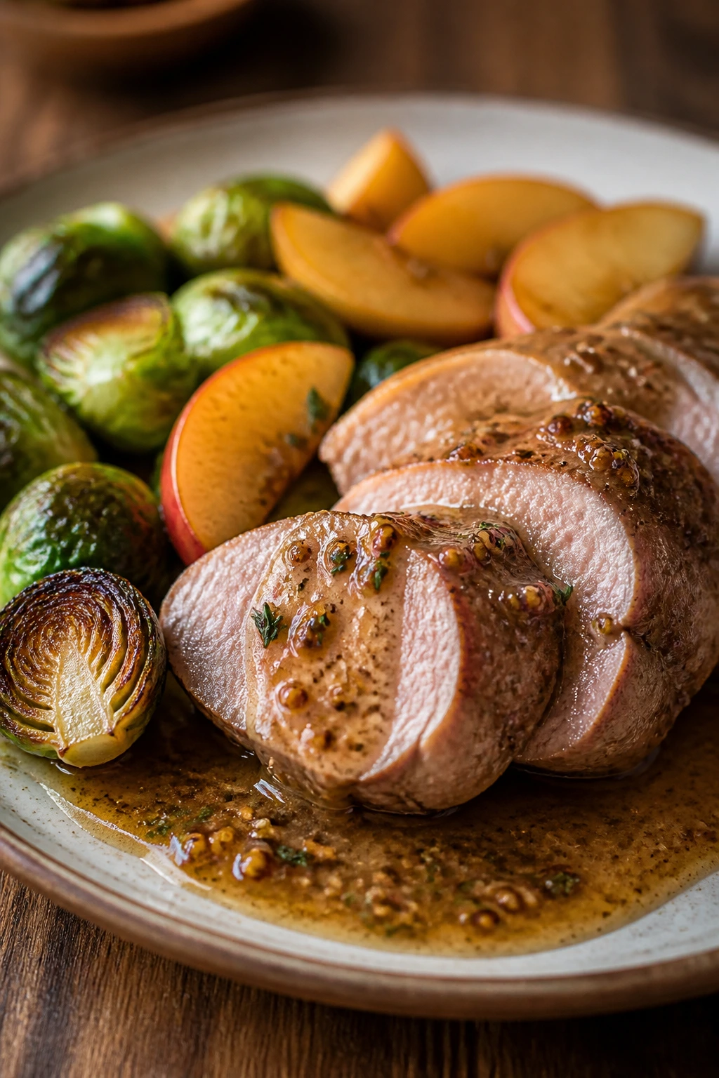 Close-up of pork tenderloin with apples and Brussels sprouts on a plate with mustard sauce